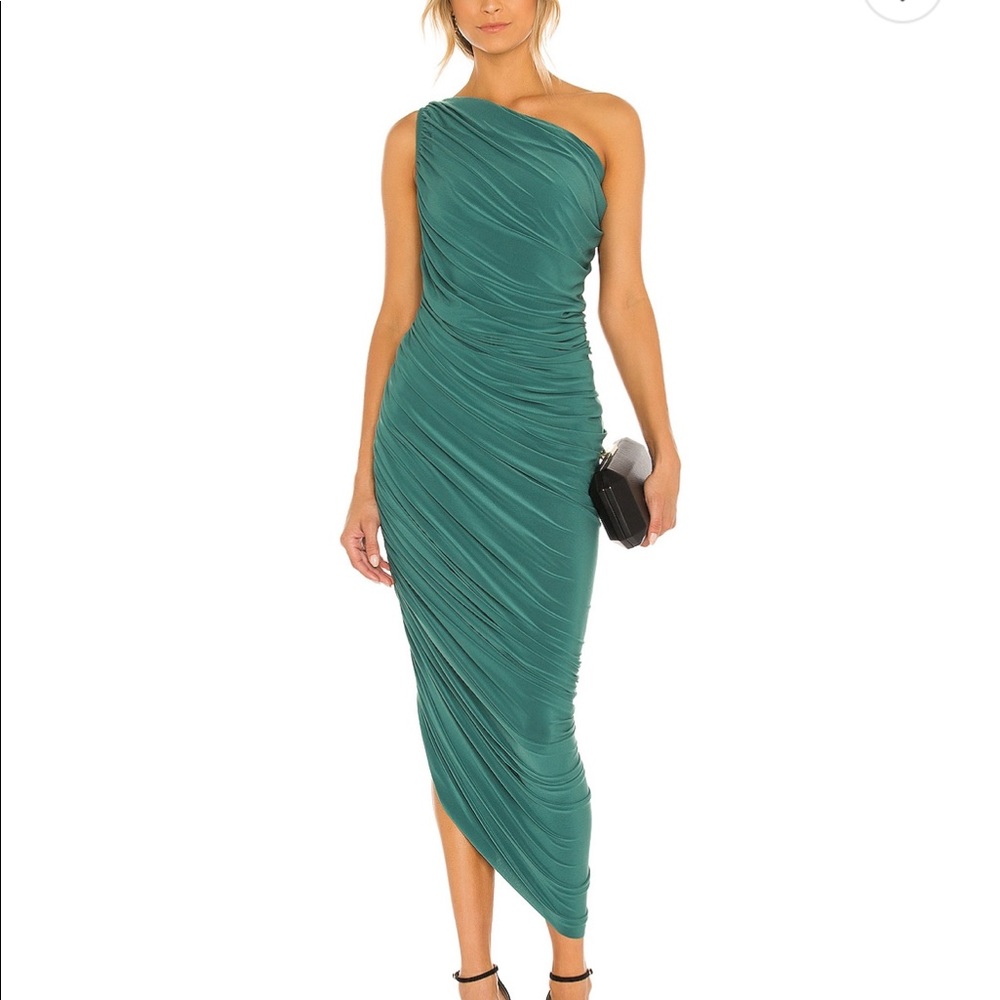 Norma Kamali One Shoulder Ruched Gown XS Mountain Green